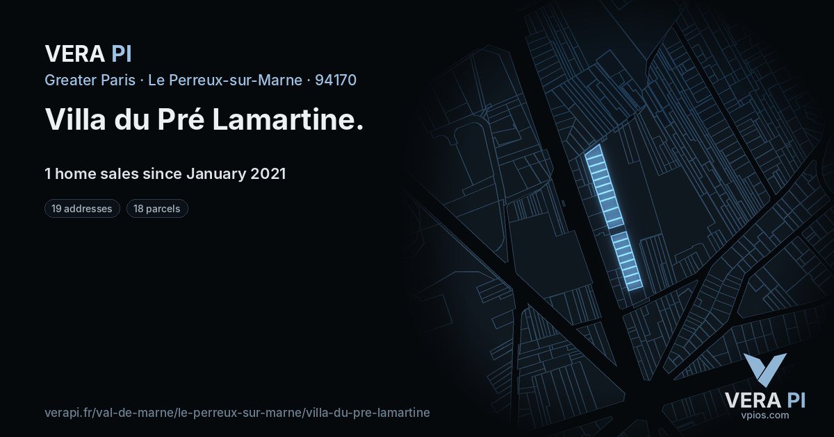 Villa du Pré Lamartine, Le Perreux-sur-Marne at night – every parcel coloured by the prices around it, the street's own parcels lit