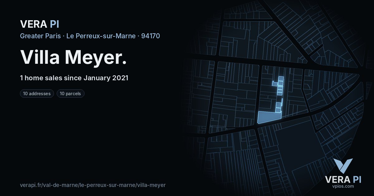 Villa Meyer, Le Perreux-sur-Marne at night – every parcel coloured by the prices around it, the street's own parcels lit