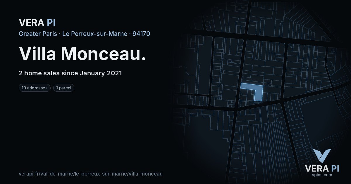 Villa Monceau, Le Perreux-sur-Marne at night – every parcel coloured by the prices around it, the street's own parcels lit