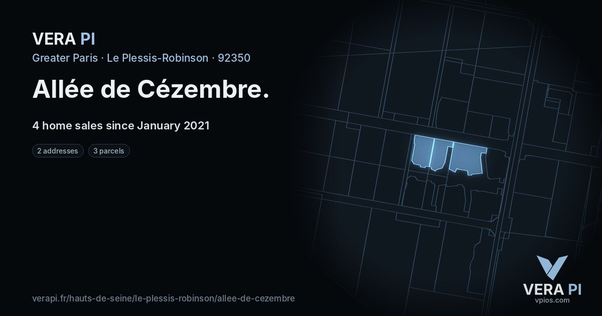 Allée de Cézembre, Le Plessis-Robinson at night – every parcel coloured by the prices around it, the street's own parcels lit