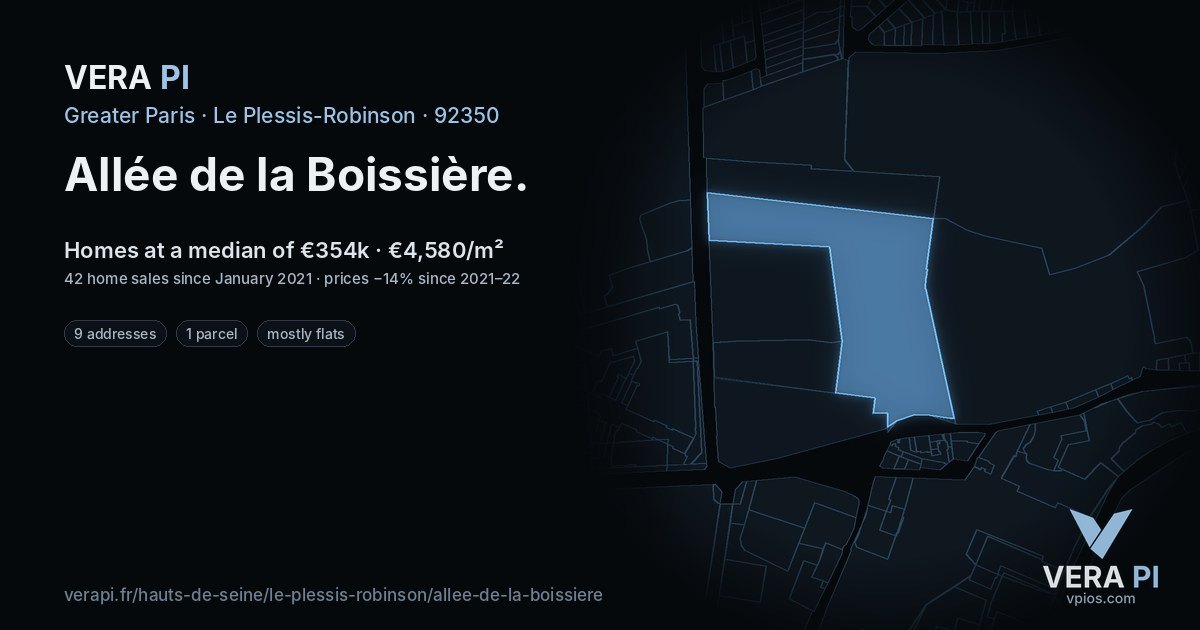 Allée de la Boissière, Le Plessis-Robinson at night – every parcel coloured by the prices around it, the street's own parcels lit