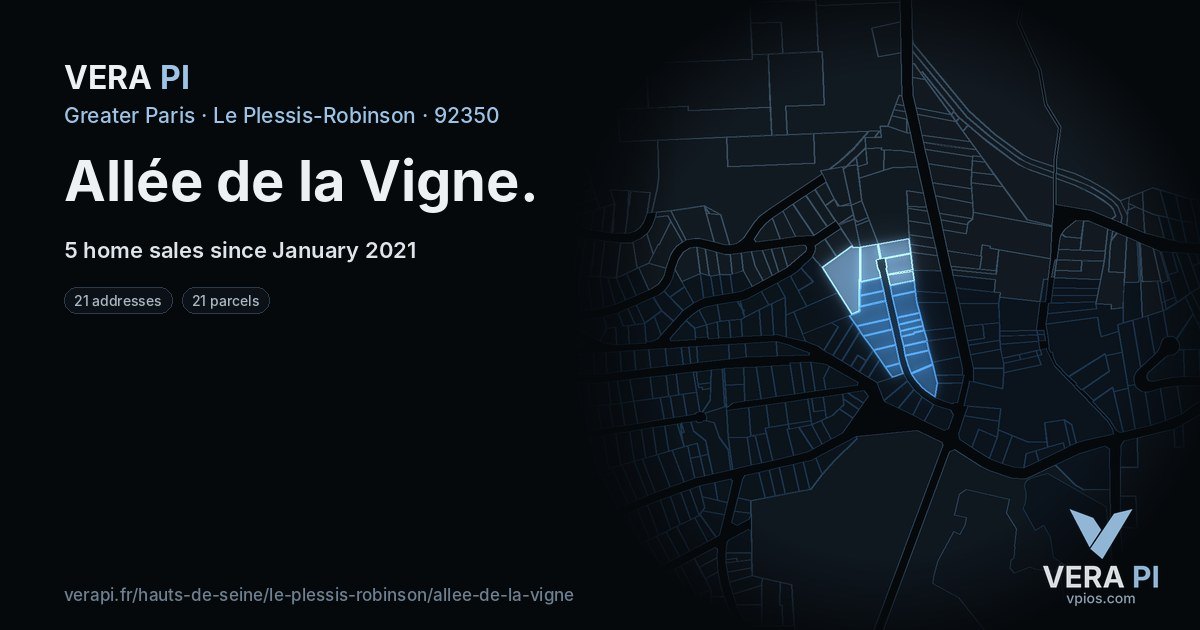 Allée de la Vigne, Le Plessis-Robinson at night – every parcel coloured by the prices around it, the street's own parcels lit