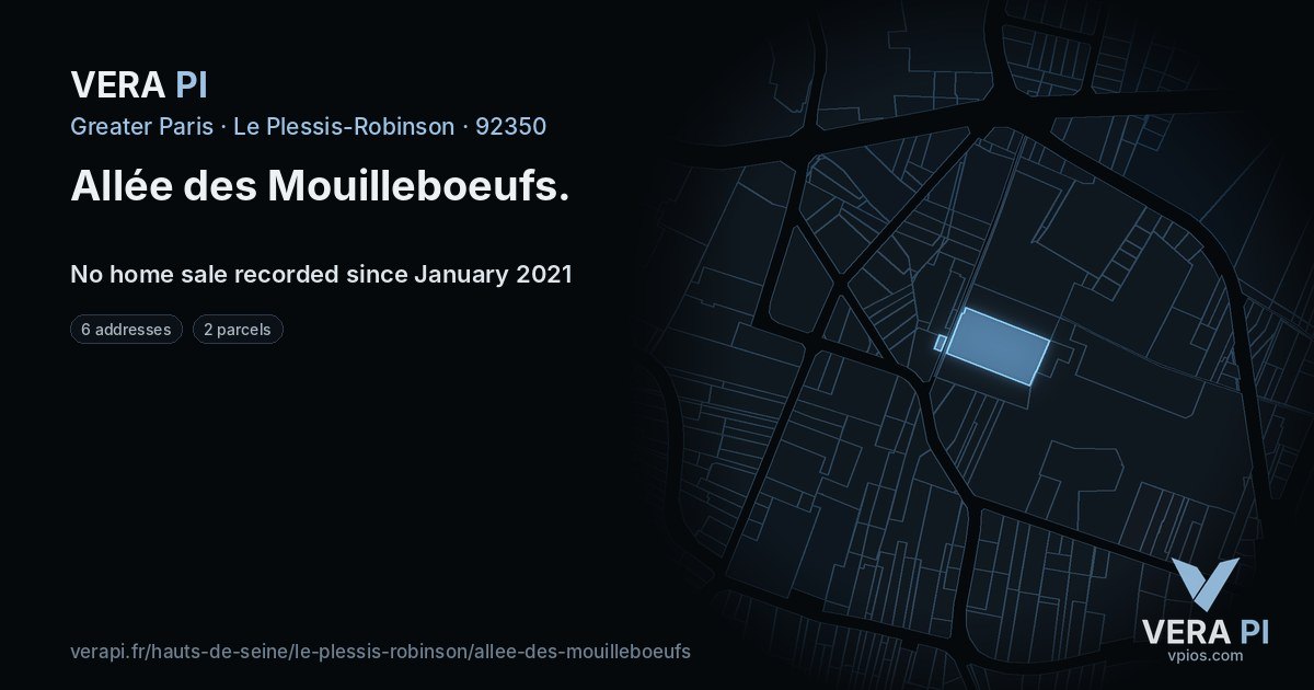 Allée des Mouilleboeufs, Le Plessis-Robinson at night – every parcel coloured by the prices around it, the street's own parcels lit