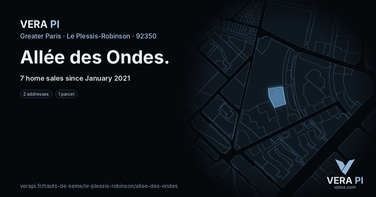 Allée des Ondes, Le Plessis-Robinson at night – every parcel coloured by the prices around it, the street's own parcels lit