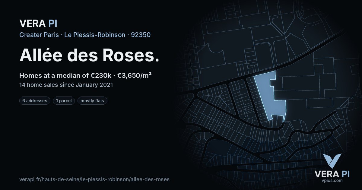 Allée des Roses, Le Plessis-Robinson at night – every parcel coloured by the prices around it, the street's own parcels lit