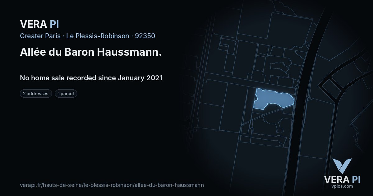 Allée du Baron Haussmann, Le Plessis-Robinson at night – every parcel coloured by the prices around it, the street's own parcels lit