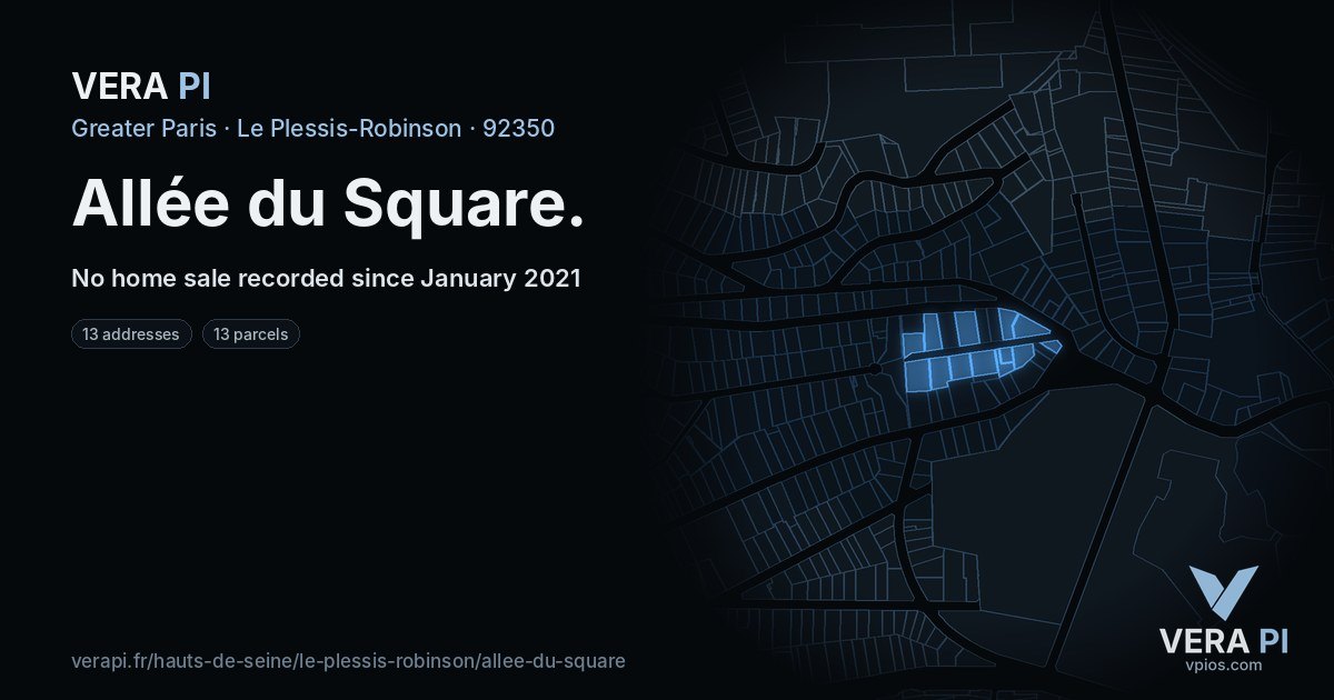 Allée du Square, Le Plessis-Robinson at night – every parcel coloured by the prices around it, the street's own parcels lit