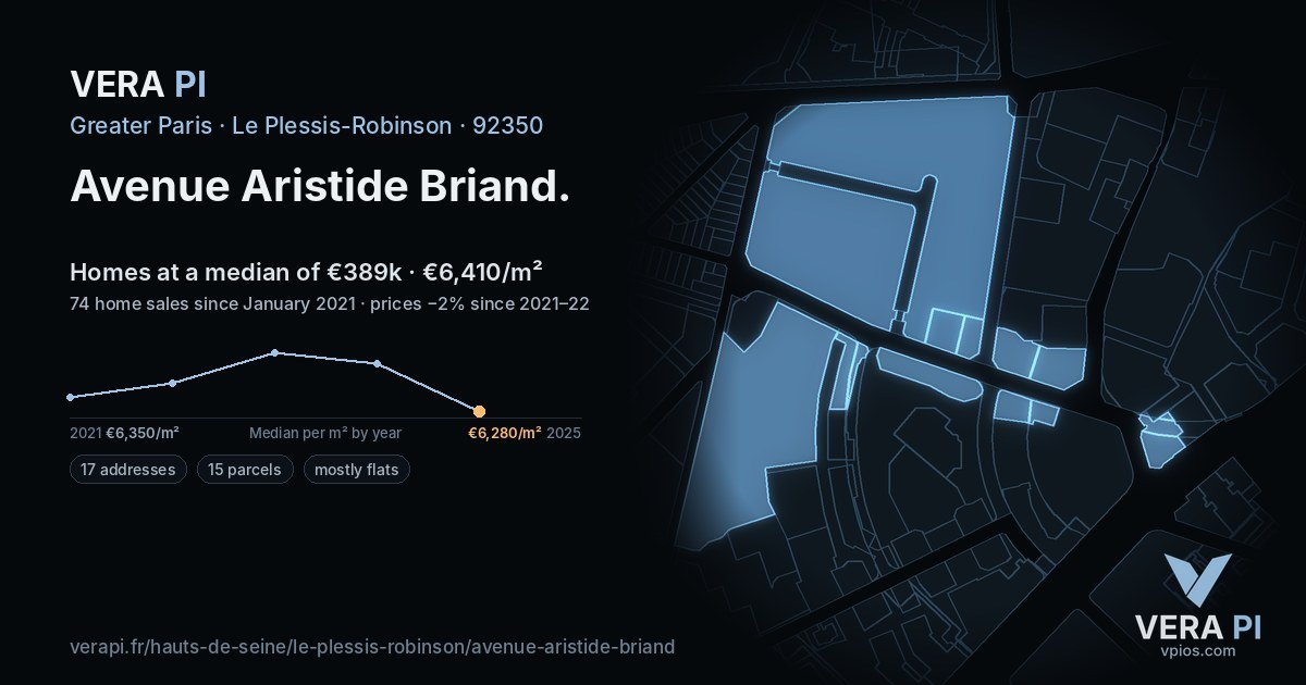Avenue Aristide Briand, Le Plessis-Robinson at night – every parcel coloured by the prices around it, the street's own parcels lit
