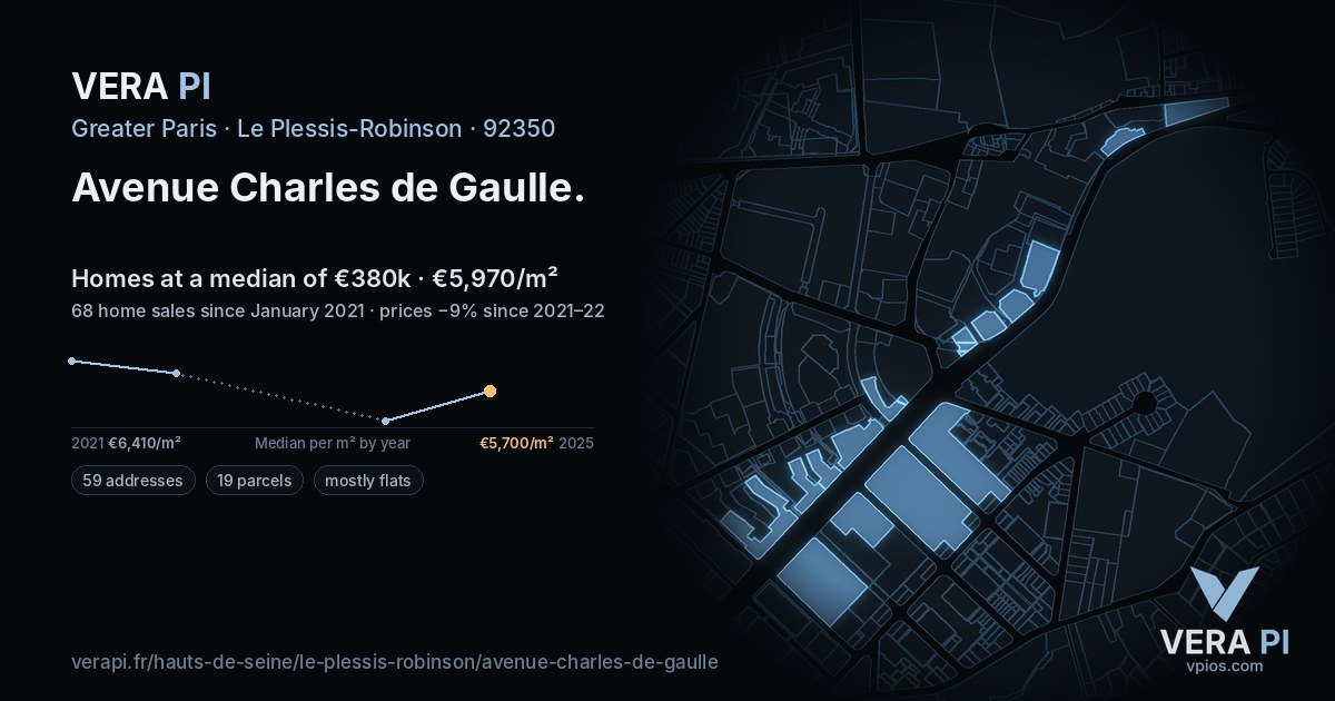 Avenue Charles de Gaulle, Le Plessis-Robinson at night – every parcel coloured by the prices around it, the street's own parcels lit
