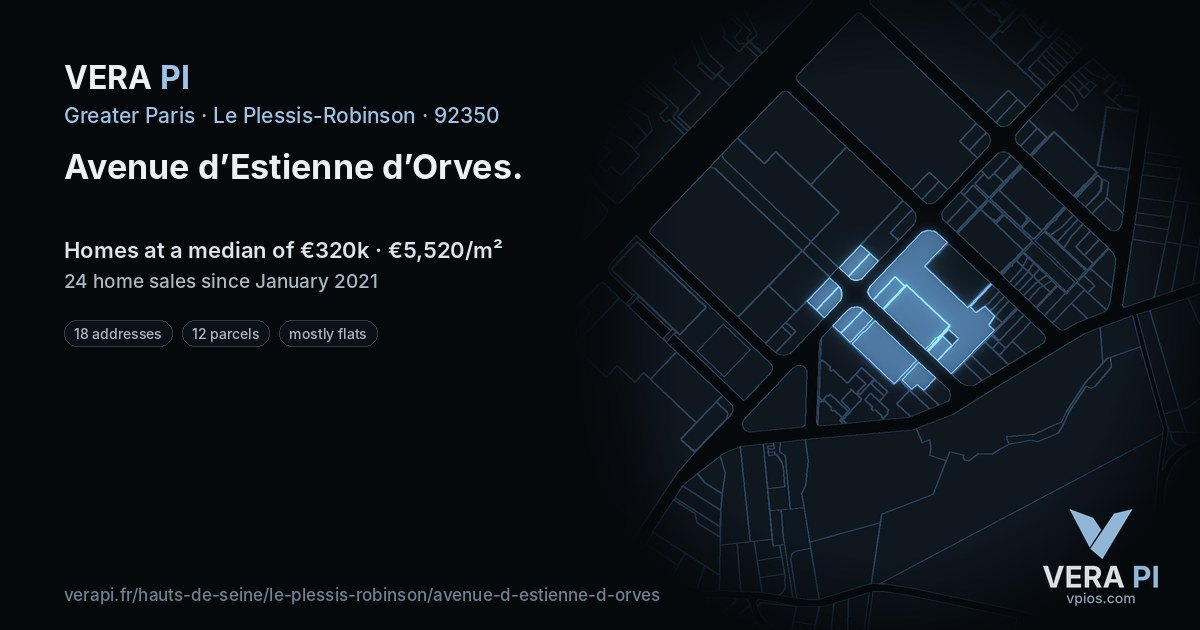 Avenue d’Estienne d’Orves, Le Plessis-Robinson at night – every parcel coloured by the prices around it, the street's own parcels lit