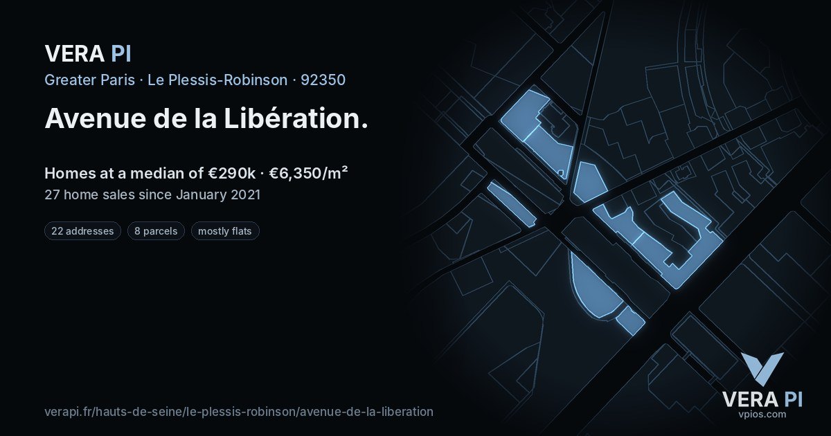 Avenue de la Libération, Le Plessis-Robinson at night – every parcel coloured by the prices around it, the street's own parcels lit