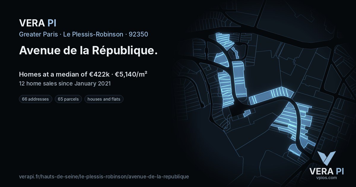 Avenue de la République, Le Plessis-Robinson at night – every parcel coloured by the prices around it, the street's own parcels lit