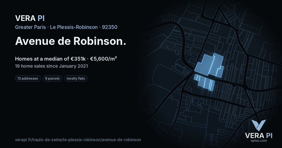 Avenue de Robinson, Le Plessis-Robinson at night – every parcel coloured by the prices around it, the street's own parcels lit