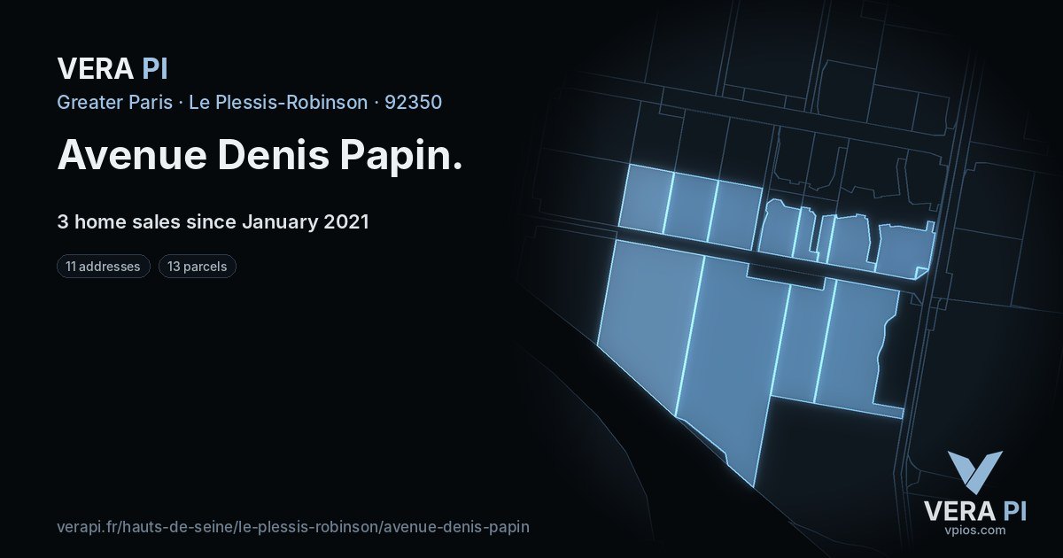 Avenue Denis Papin, Le Plessis-Robinson at night – every parcel coloured by the prices around it, the street's own parcels lit