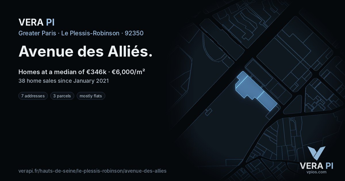 Avenue des Alliés, Le Plessis-Robinson at night – every parcel coloured by the prices around it, the street's own parcels lit