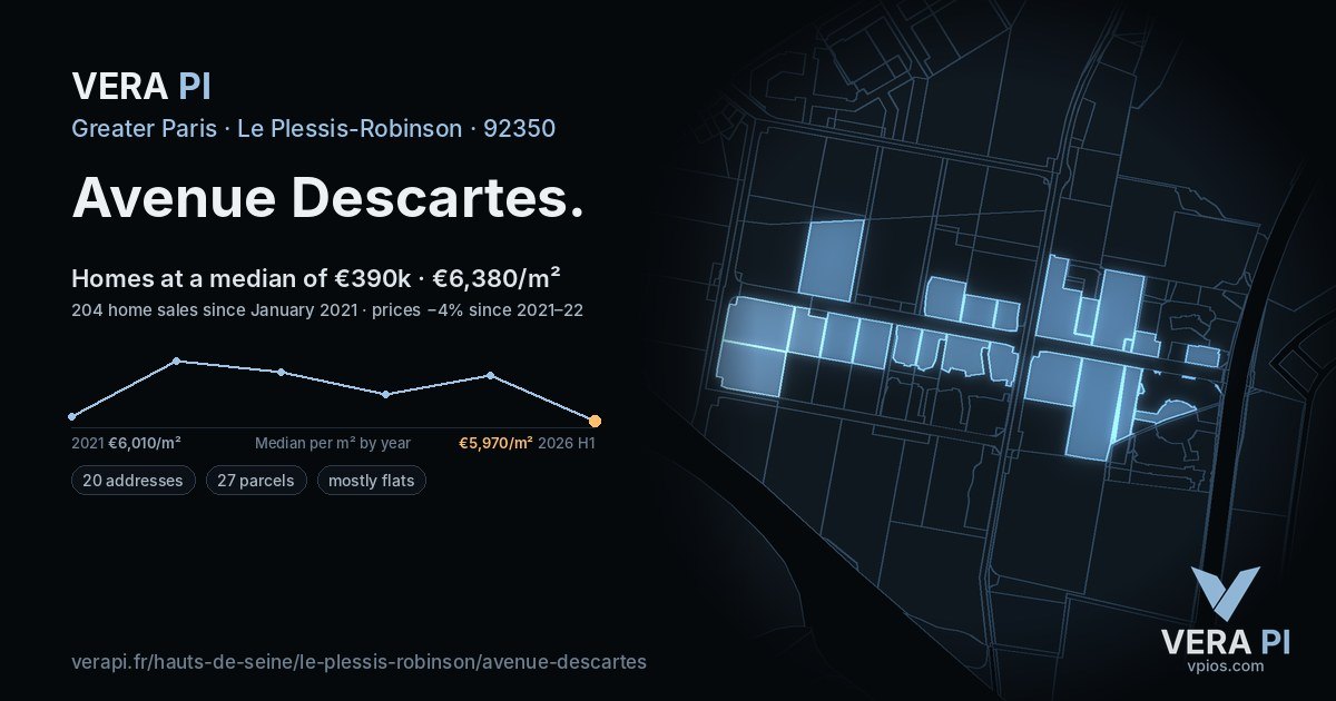 Avenue Descartes, Le Plessis-Robinson at night – every parcel coloured by the prices around it, the street's own parcels lit