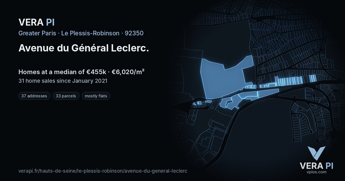 Avenue du Général Leclerc, Le Plessis-Robinson at night – every parcel coloured by the prices around it, the street's own parcels lit