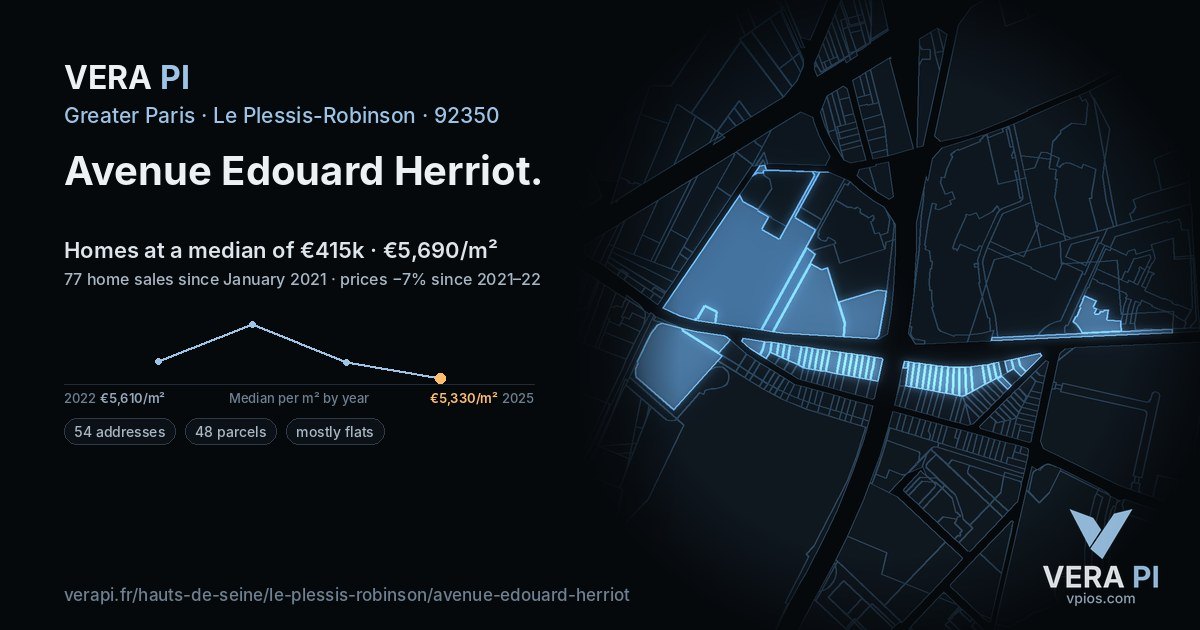 Avenue Edouard Herriot, Le Plessis-Robinson at night – every parcel coloured by the prices around it, the street's own parcels lit