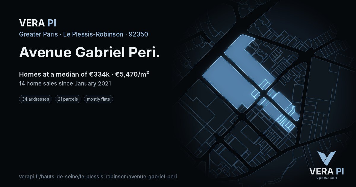 Avenue Gabriel Peri, Le Plessis-Robinson at night – every parcel coloured by the prices around it, the street's own parcels lit