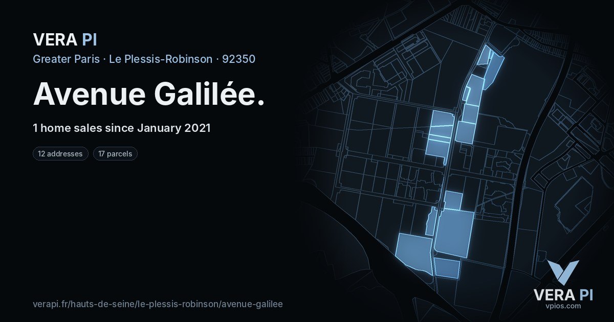 Avenue Galilée, Le Plessis-Robinson at night – every parcel coloured by the prices around it, the street's own parcels lit