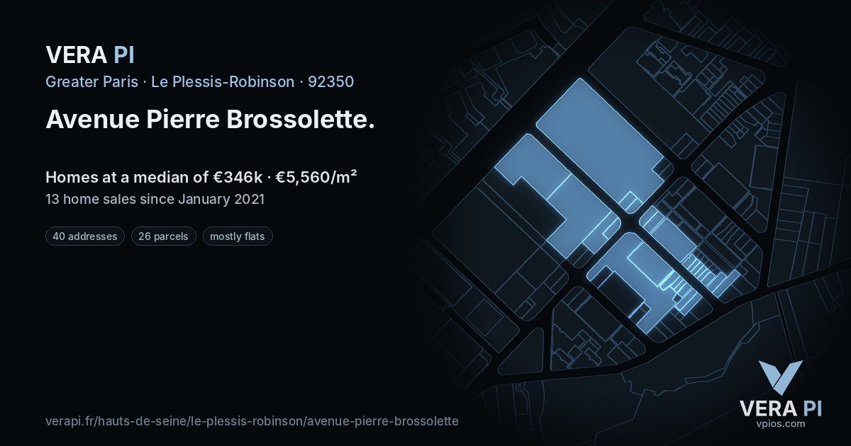Avenue Pierre Brossolette, Le Plessis-Robinson at night – every parcel coloured by the prices around it, the street's own parcels lit