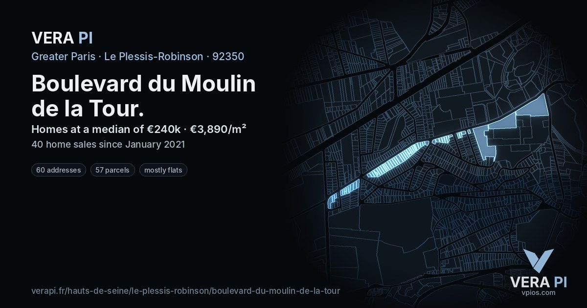 Boulevard du Moulin de la Tour, Le Plessis-Robinson at night – every parcel coloured by the prices around it, the street's own parcels lit