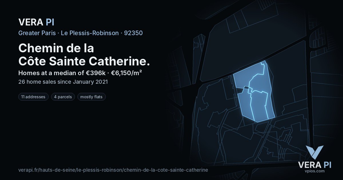 Chemin de la Côte Sainte Catherine, Le Plessis-Robinson at night – every parcel coloured by the prices around it, the street's own parcels lit
