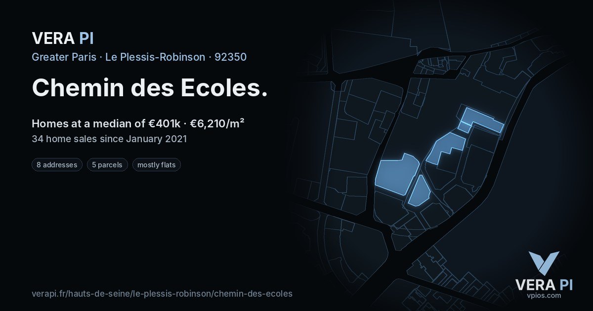 Chemin des Ecoles, Le Plessis-Robinson at night – every parcel coloured by the prices around it, the street's own parcels lit