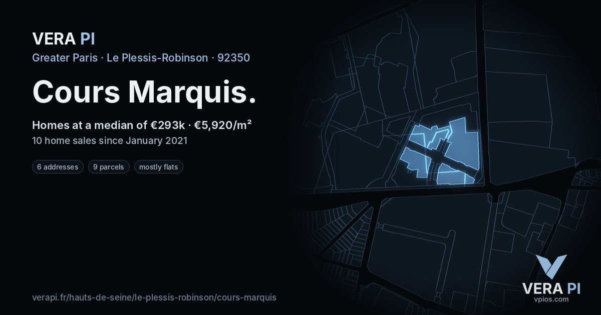 Cours Marquis, Le Plessis-Robinson at night – every parcel coloured by the prices around it, the street's own parcels lit