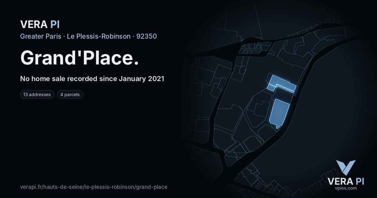 Grand'Place, Le Plessis-Robinson at night – every parcel coloured by the prices around it, the street's own parcels lit