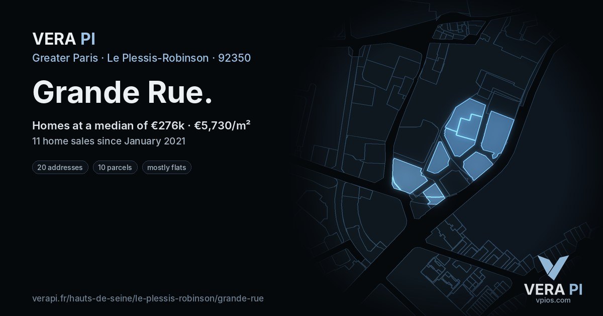Grande Rue, Le Plessis-Robinson at night – every parcel coloured by the prices around it, the street's own parcels lit