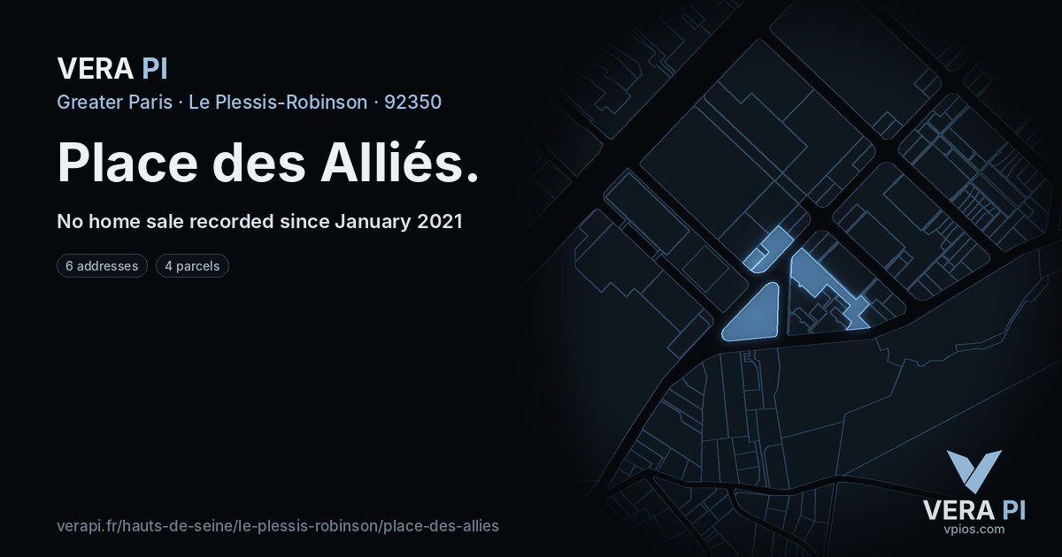 Place des Alliés, Le Plessis-Robinson at night – every parcel coloured by the prices around it, the street's own parcels lit