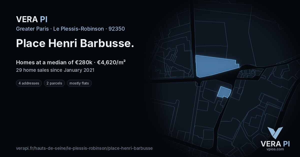 Place Henri Barbusse, Le Plessis-Robinson at night – every parcel coloured by the prices around it, the street's own parcels lit