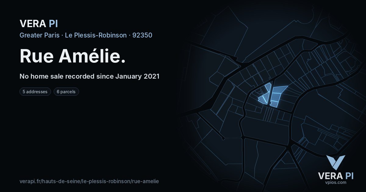 Rue Amélie, Le Plessis-Robinson at night – every parcel coloured by the prices around it, the street's own parcels lit