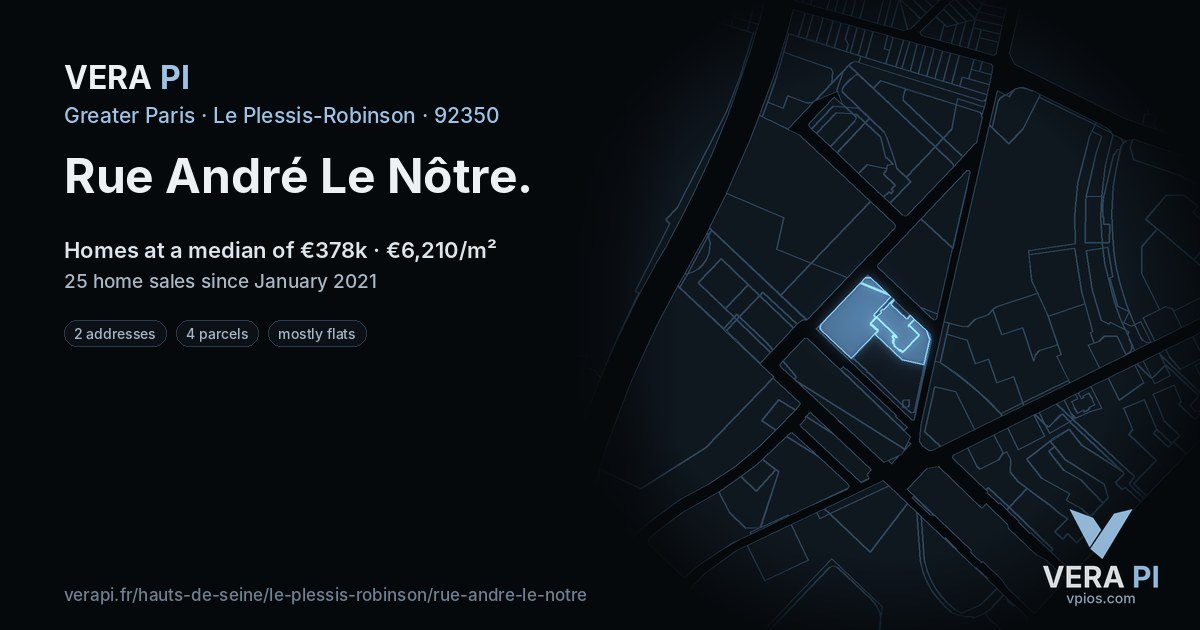 Rue André Le Nôtre, Le Plessis-Robinson at night – every parcel coloured by the prices around it, the street's own parcels lit