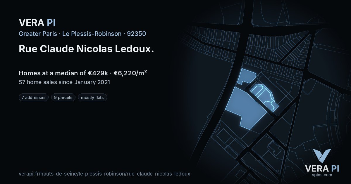 Rue Claude Nicolas Ledoux, Le Plessis-Robinson at night – every parcel coloured by the prices around it, the street's own parcels lit