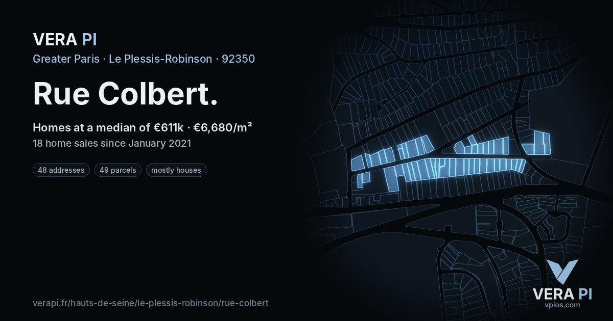 Rue Colbert, Le Plessis-Robinson at night – every parcel coloured by the prices around it, the street's own parcels lit