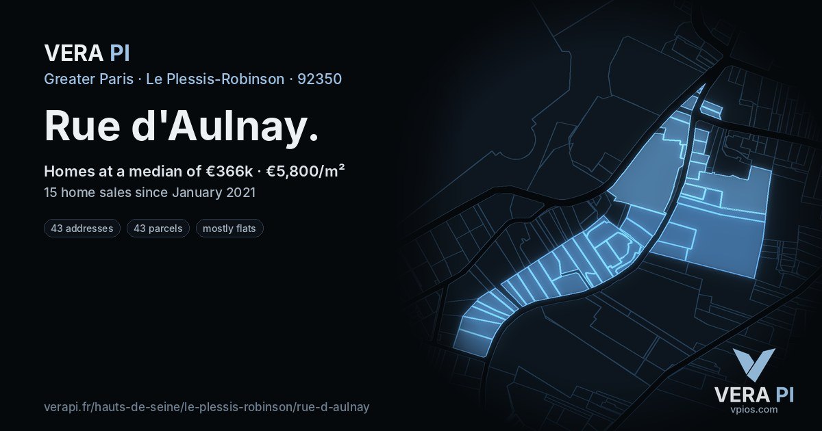 Rue d'Aulnay, Le Plessis-Robinson at night – every parcel coloured by the prices around it, the street's own parcels lit