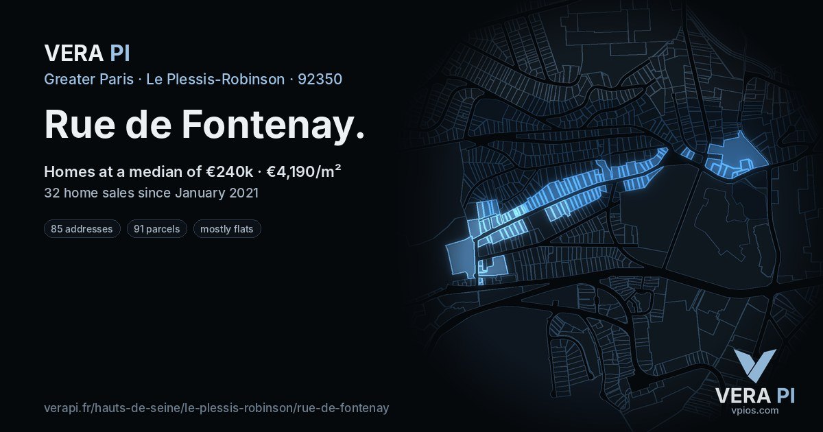 Rue de Fontenay, Le Plessis-Robinson at night – every parcel coloured by the prices around it, the street's own parcels lit