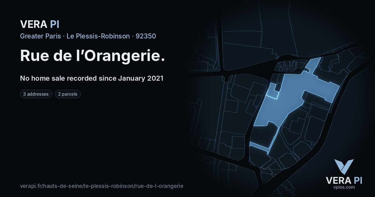 Rue de l’Orangerie, Le Plessis-Robinson at night – every parcel coloured by the prices around it, the street's own parcels lit