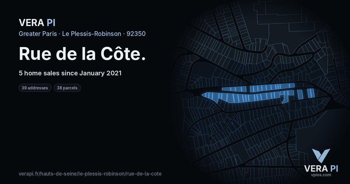 Rue de la Côte, Le Plessis-Robinson at night – every parcel coloured by the prices around it, the street's own parcels lit