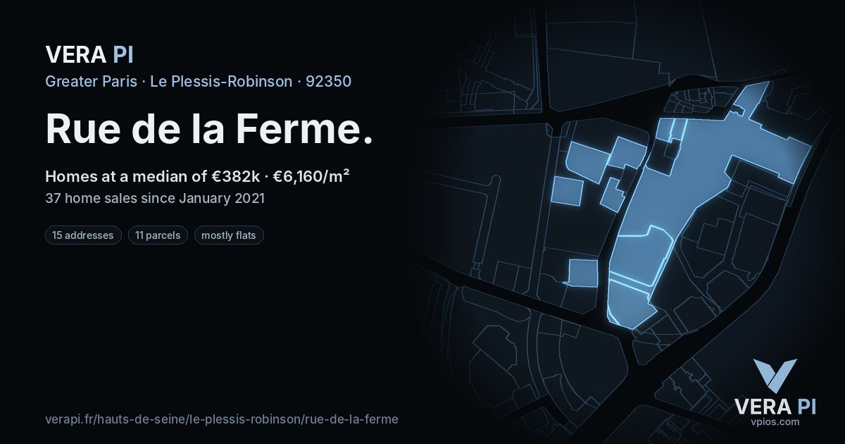Rue de la Ferme, Le Plessis-Robinson at night – every parcel coloured by the prices around it, the street's own parcels lit