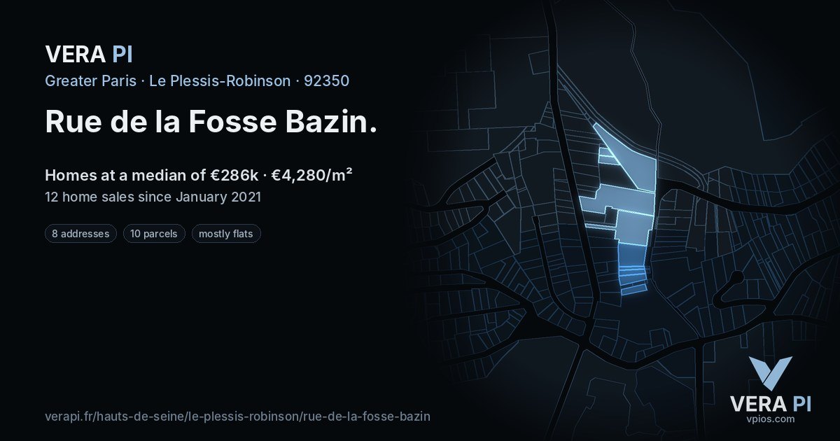 Rue de la Fosse Bazin, Le Plessis-Robinson at night – every parcel coloured by the prices around it, the street's own parcels lit