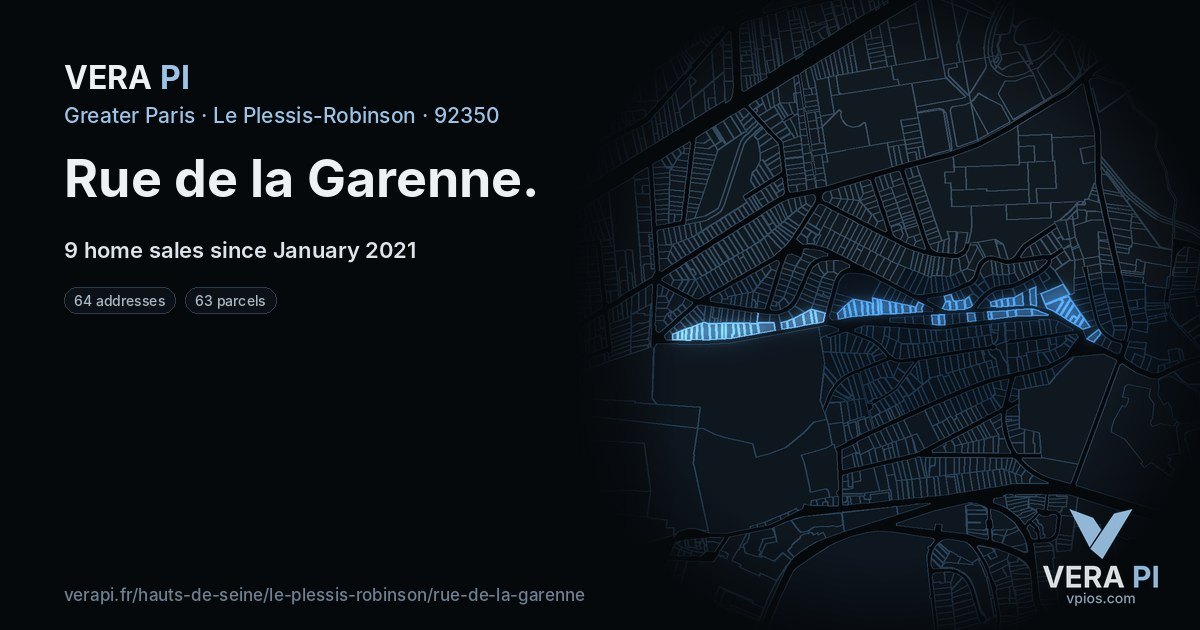 Rue de la Garenne, Le Plessis-Robinson at night – every parcel coloured by the prices around it, the street's own parcels lit