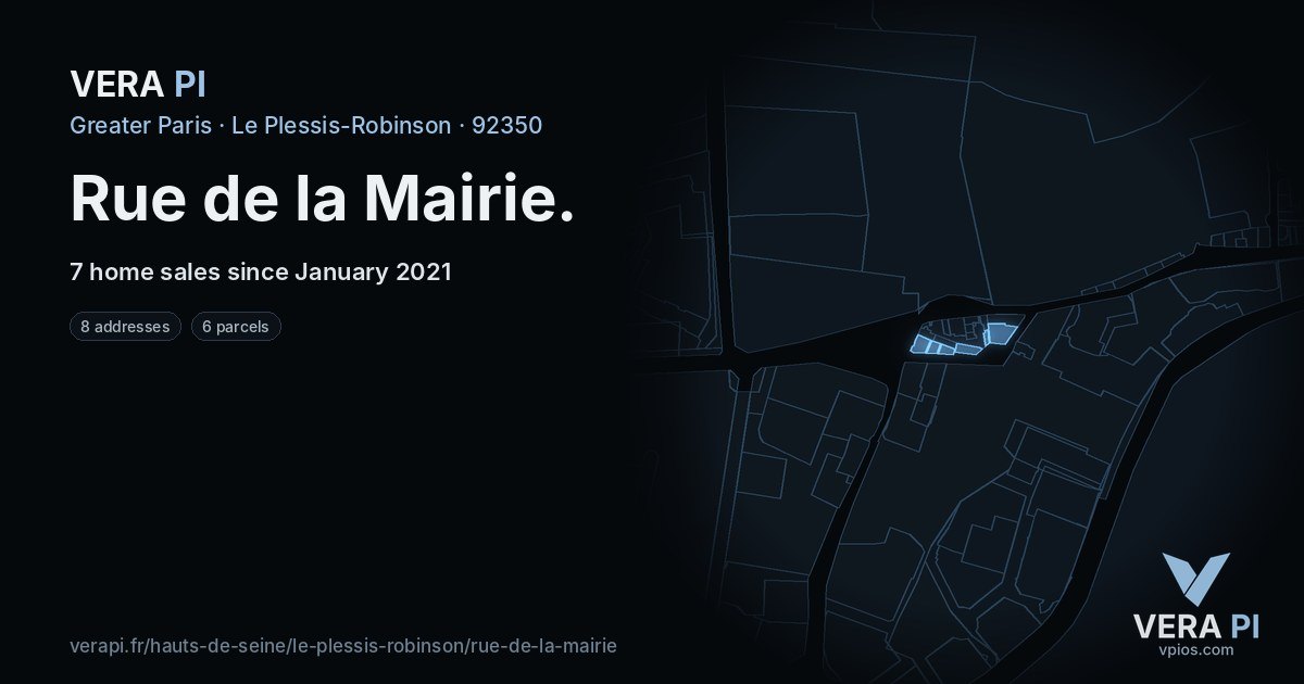 Rue de la Mairie, Le Plessis-Robinson at night – every parcel coloured by the prices around it, the street's own parcels lit