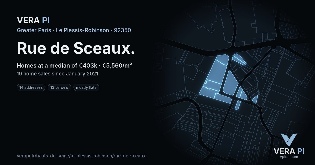 Rue de Sceaux, Le Plessis-Robinson at night – every parcel coloured by the prices around it, the street's own parcels lit