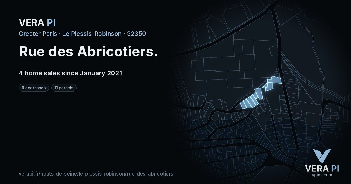 Rue des Abricotiers, Le Plessis-Robinson at night – every parcel coloured by the prices around it, the street's own parcels lit
