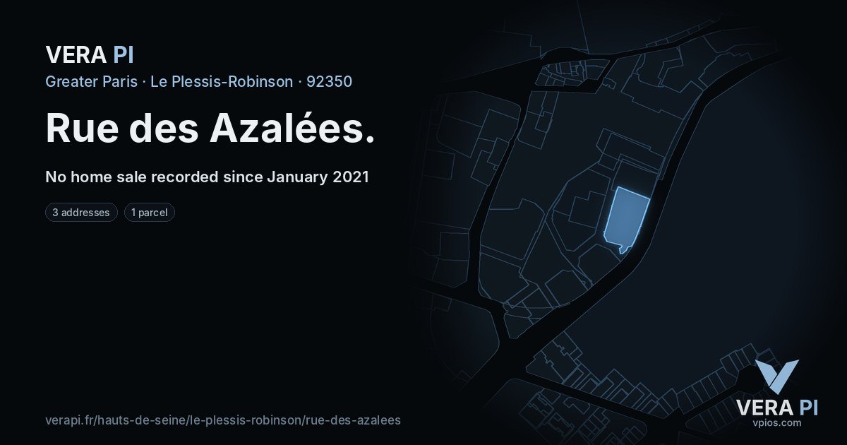 Rue des Azalées, Le Plessis-Robinson at night – every parcel coloured by the prices around it, the street's own parcels lit