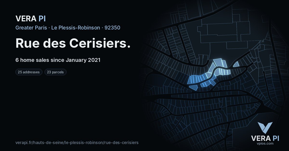 Rue des Cerisiers, Le Plessis-Robinson at night – every parcel coloured by the prices around it, the street's own parcels lit