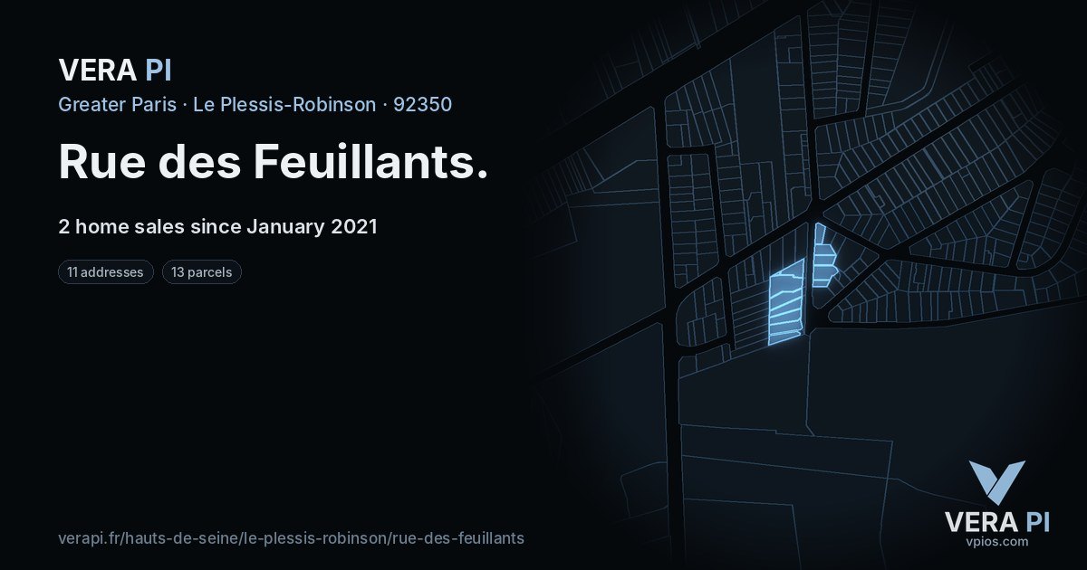 Rue des Feuillants, Le Plessis-Robinson at night – every parcel coloured by the prices around it, the street's own parcels lit
